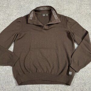 Hugo Boss Men's Sweater L Lancelot Slim Fit Brown Shawl Collar Virgin Wool